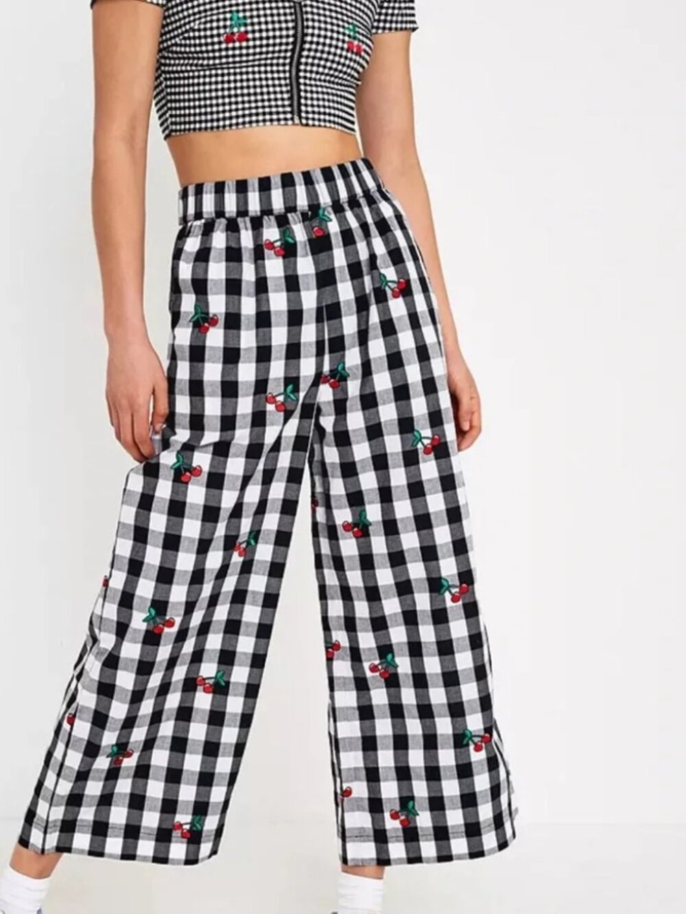 LAZY OAF Pants Womens 8 Black Gingham Cherry Baby Embroidered Cropped Wide Leg